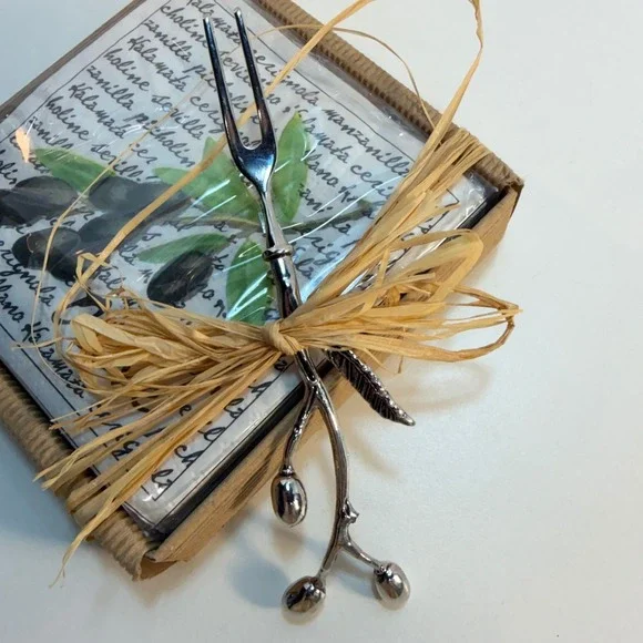 Mud Pie Olive Napkin Set Silver Olive Branch Fork Server Rustic Party Dinner NEW - Picture 3 of 7